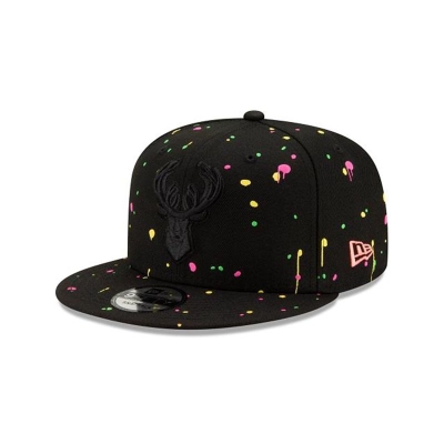 Black Milwaukee Bucks Hat - New Era NBA Neon Splatter 9FIFTY Snapback Caps USA4703169